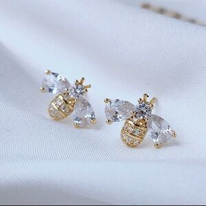 Rhodium and Gold Plated Bee With Natural Embedded Zircon Stud Earrings